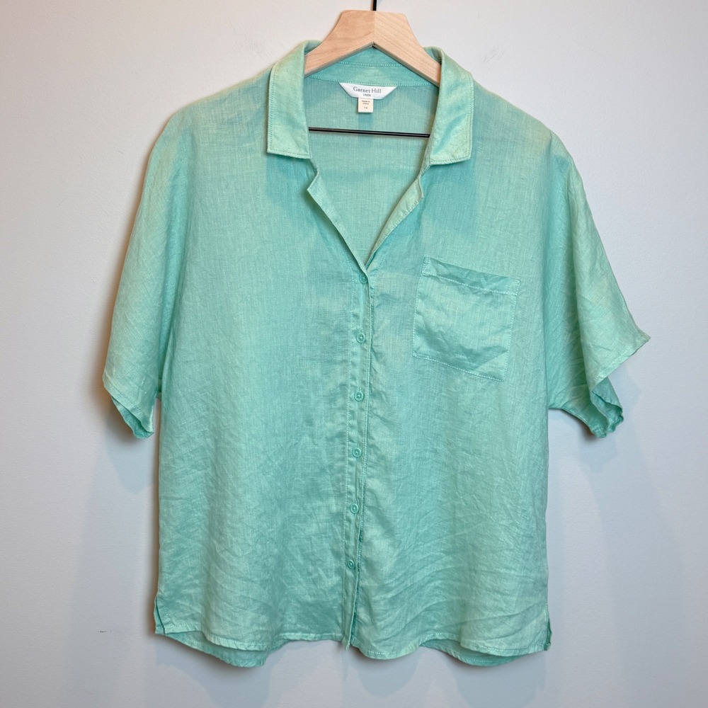 Garnet Hill 14 100% Linen Dolman Sleeve Button Down‎ Shirt Top Seafoam Green